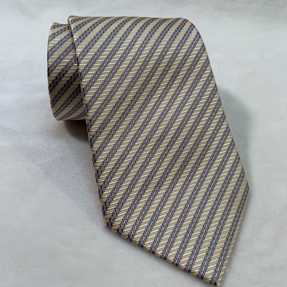 Geoffrey Beene GB Mens Tie long 100% silk hand made Cream Blue Diagonal Striped